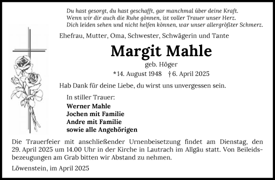 Traueranzeige von Margit Mahle von GESAMT