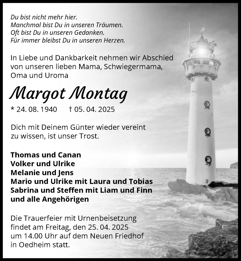  Traueranzeige für Margot Montag vom 12.04.2025 aus GESAMT