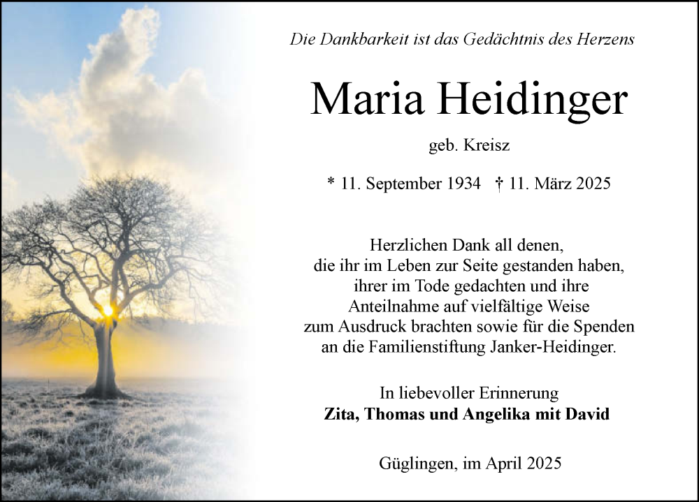  Traueranzeige für Maria Heidinger vom 05.04.2025 aus GESAMT