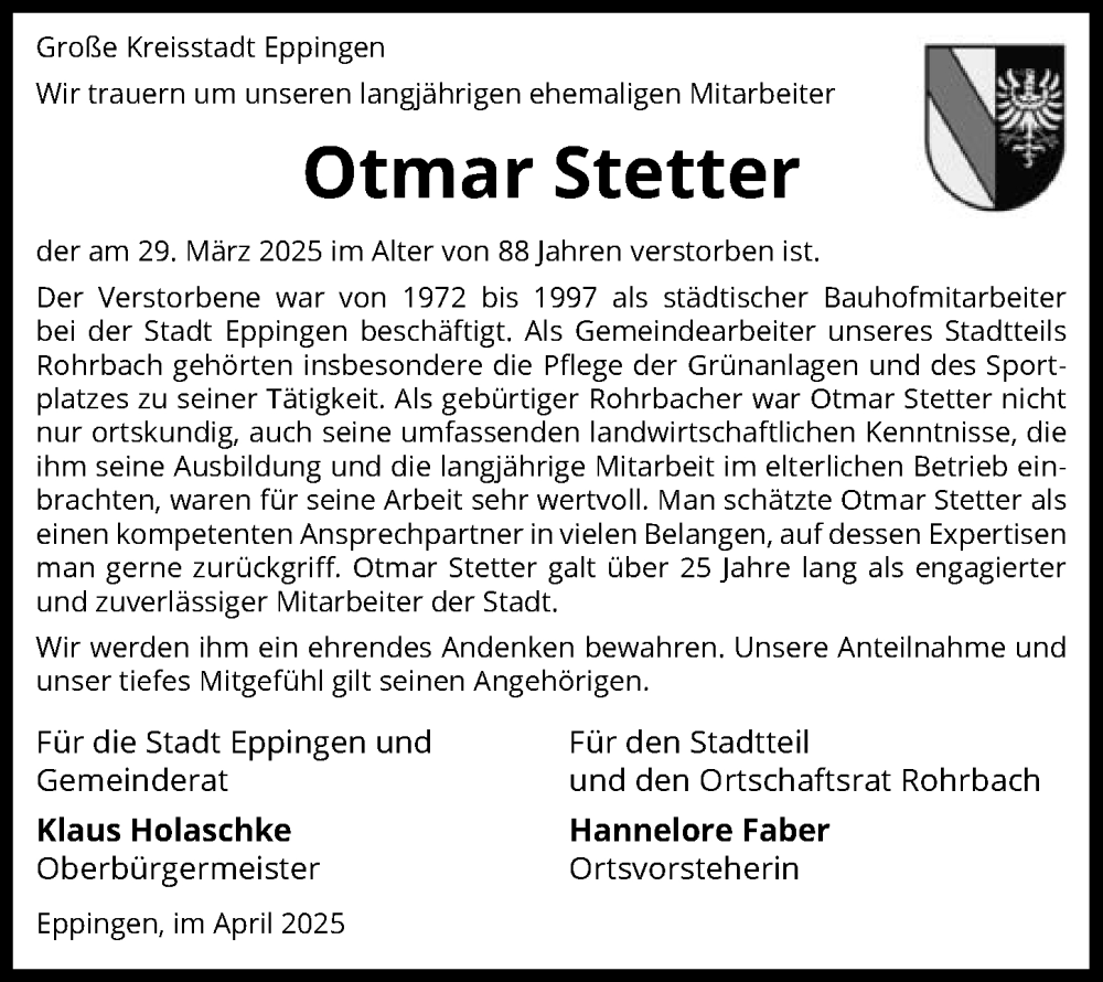  Traueranzeige für Otmar Stetter vom 19.04.2025 aus GESAMT