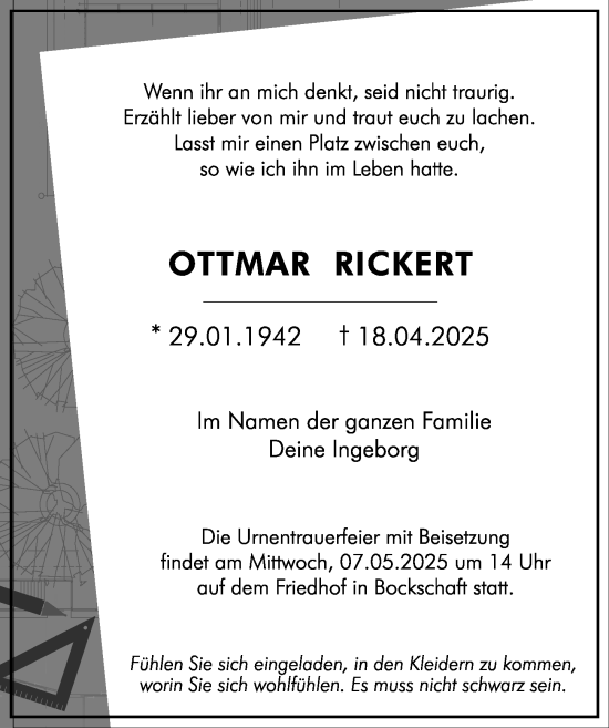 Traueranzeige von Ottmar Rickert von GESAMT