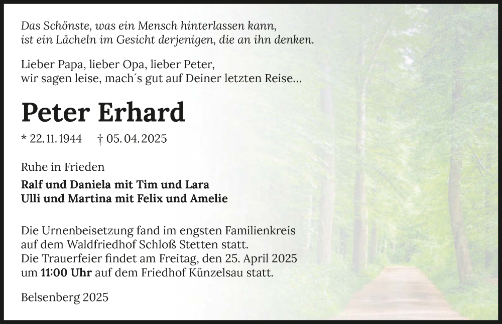  Traueranzeige für Peter Erhard vom 19.04.2025 aus GESAMT
