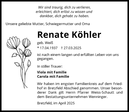Traueranzeige von Renate Köhler von GESAMT