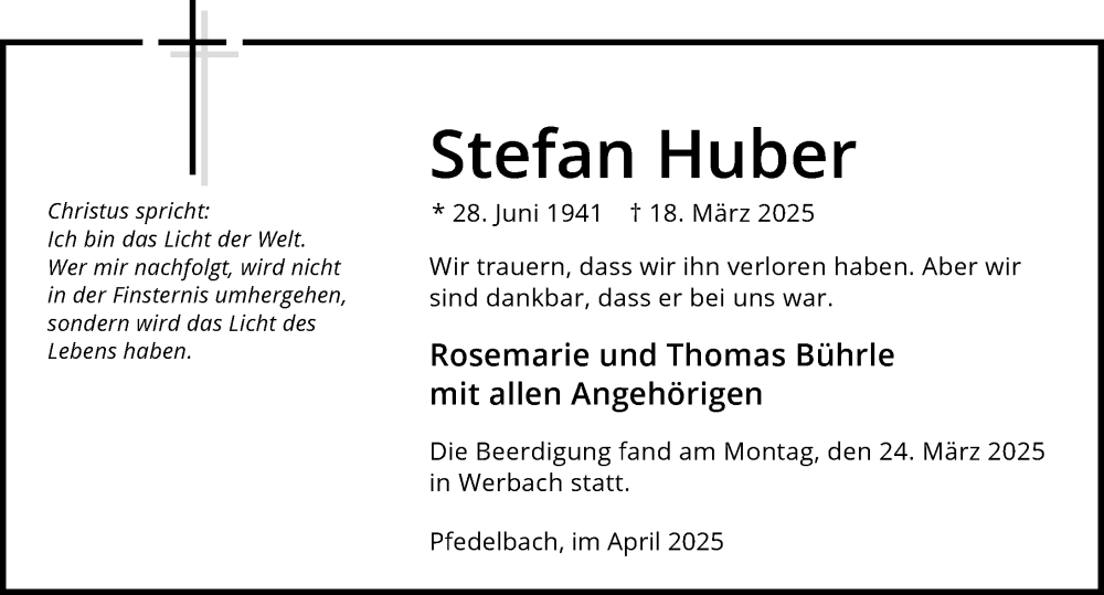  Traueranzeige für Stefan Huber vom 29.04.2025 aus GESAMT