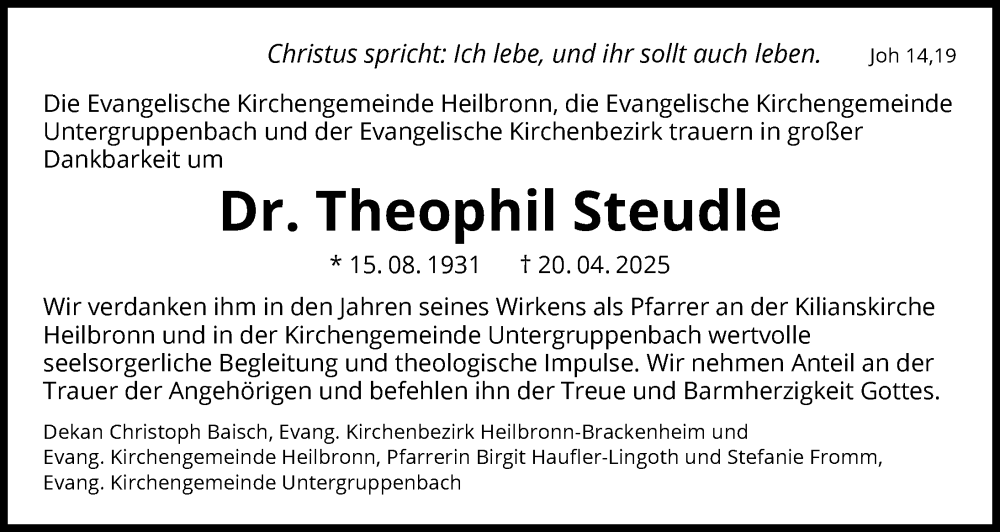  Traueranzeige für Theophil Steudle vom 25.04.2025 aus GESAMT