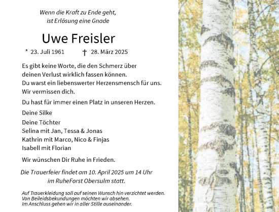 Traueranzeige von Uwe Freisler von GESAMT