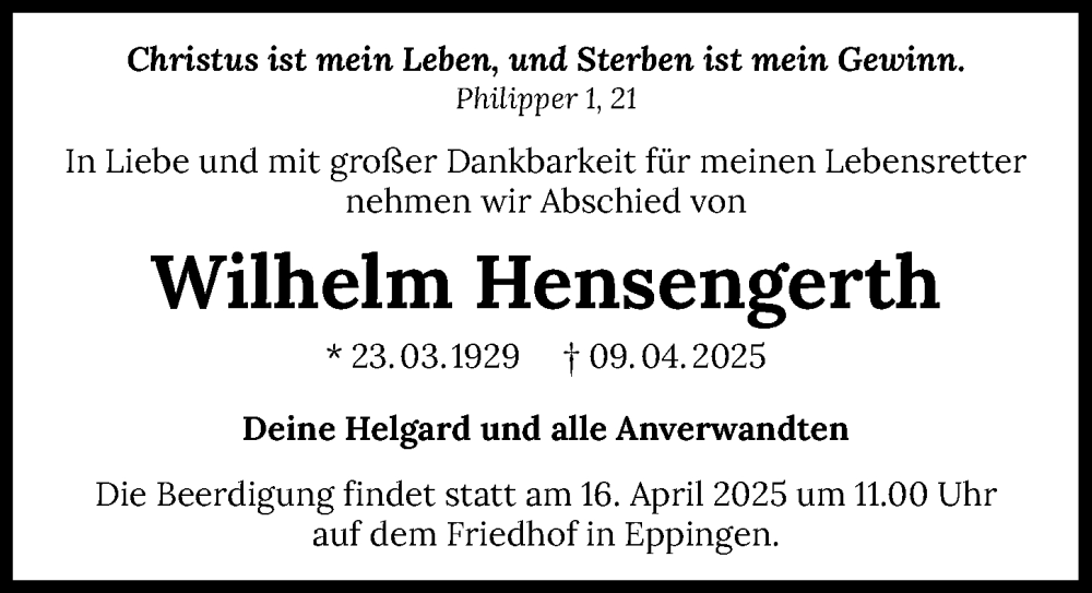  Traueranzeige für Wilhelm Hensengerth vom 15.04.2025 aus GESAMT