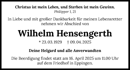 Traueranzeige von Wilhelm Hensengerth von GESAMT