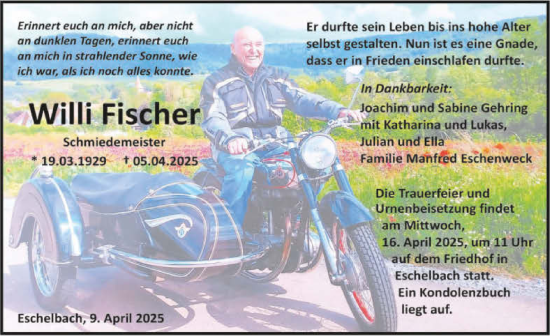 Traueranzeige von Willi Fischer von GESAMT