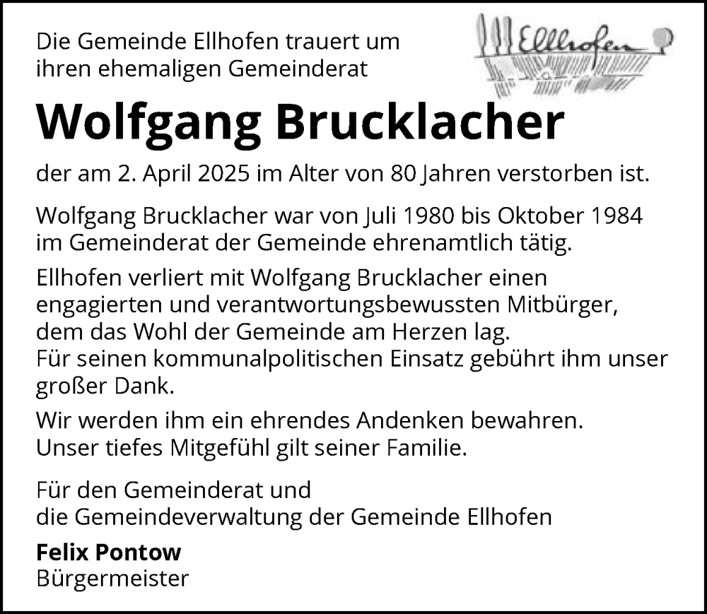  Traueranzeige für Wolfgang Brucklacher vom 11.04.2025 aus GESAMT