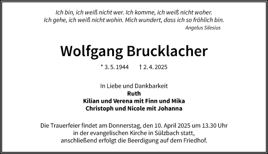 Traueranzeige von Wolfgang Brucklacher von GESAMT