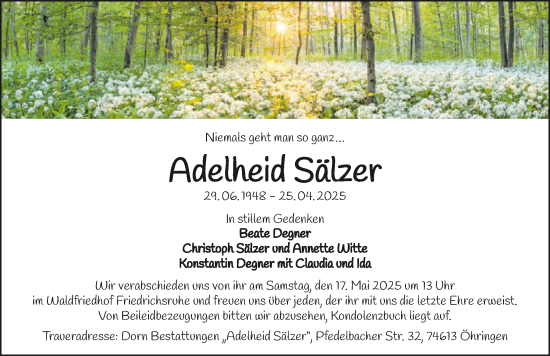 Traueranzeige von Adelheid Sälzer von GESAMT