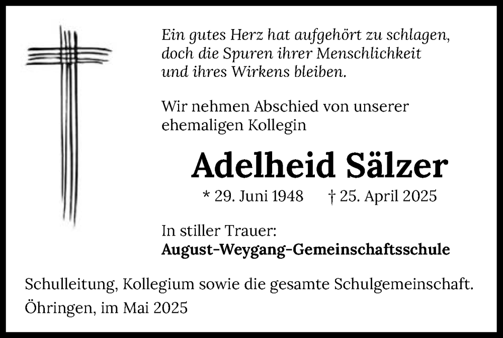  Traueranzeige für Adelheid Sälzer vom 10.05.2025 aus GESAMT
