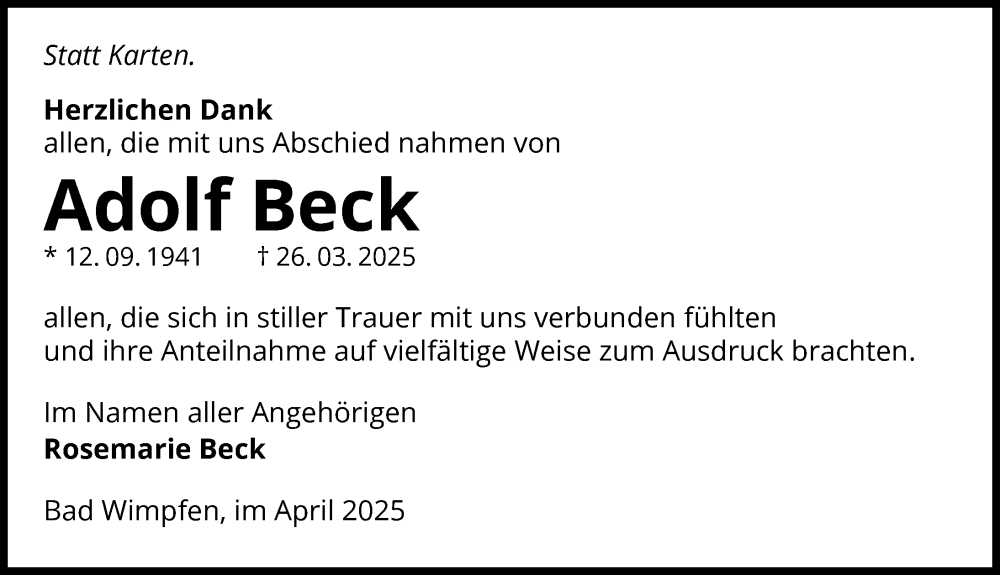  Traueranzeige für Adolf Beck vom 03.05.2025 aus GESAMT