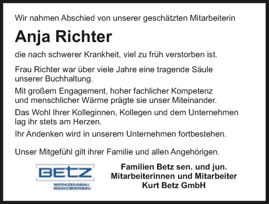 Traueranzeige von Anja Richter von GESAMT