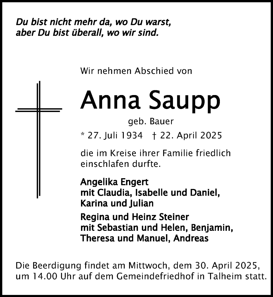  Traueranzeige für Anna Saupp vom 26.04.2025 aus GESAMT