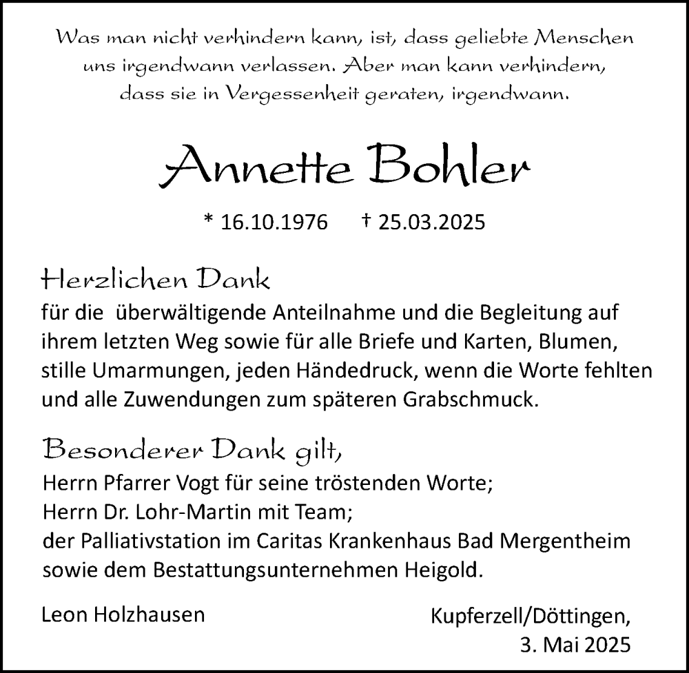  Traueranzeige für Annette Bohler vom 03.05.2025 aus GESAMT