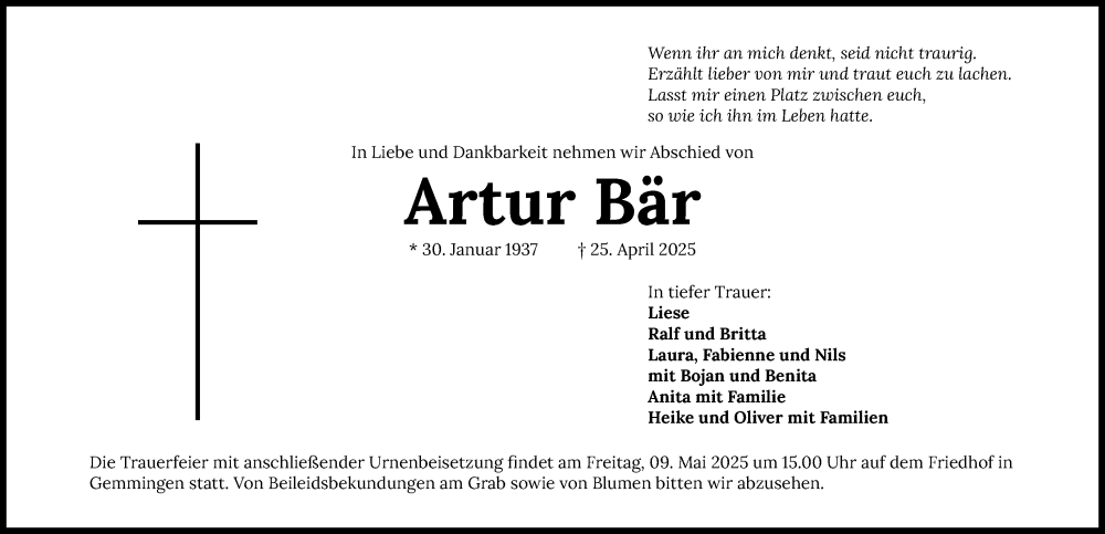  Traueranzeige für Artur Bär vom 03.05.2025 aus GESAMT