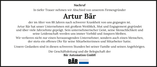 Traueranzeige von Artur Bär von GESAMT