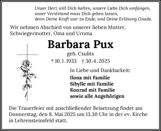 Traueranzeige von Barbara Pux von GESAMT
