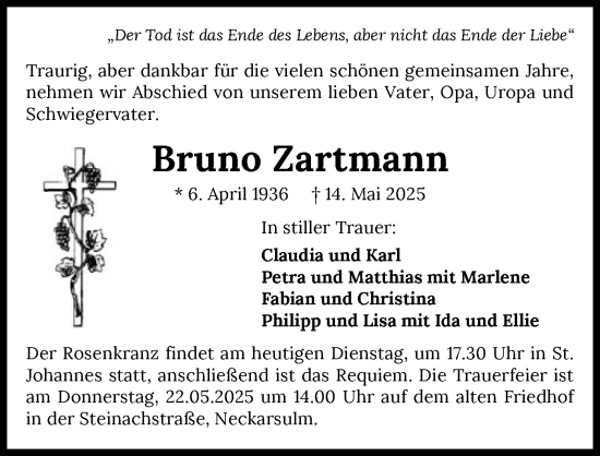 Traueranzeige von Bruno Zartmann von GESAMT