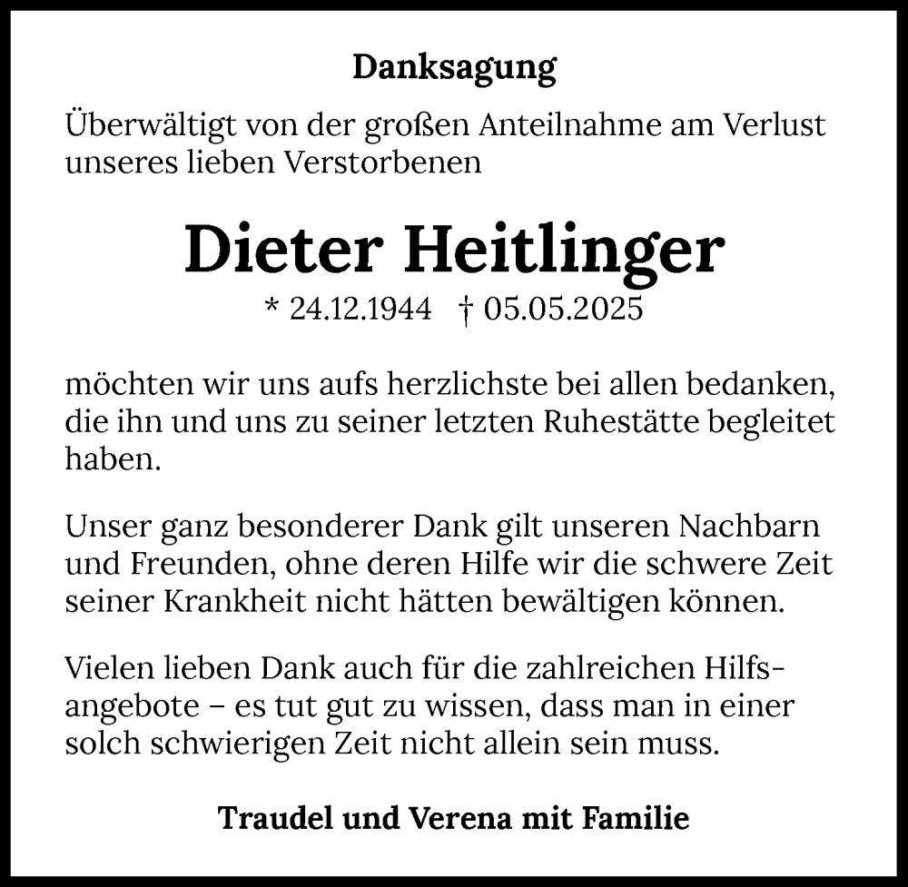  Traueranzeige für Dieter Heitlinger vom 24.05.2025 aus GESAMT