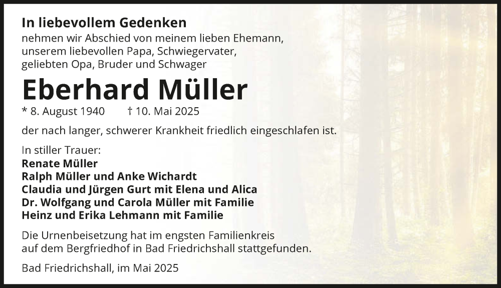  Traueranzeige für Eberhard Müller vom 24.05.2025 aus GESAMT