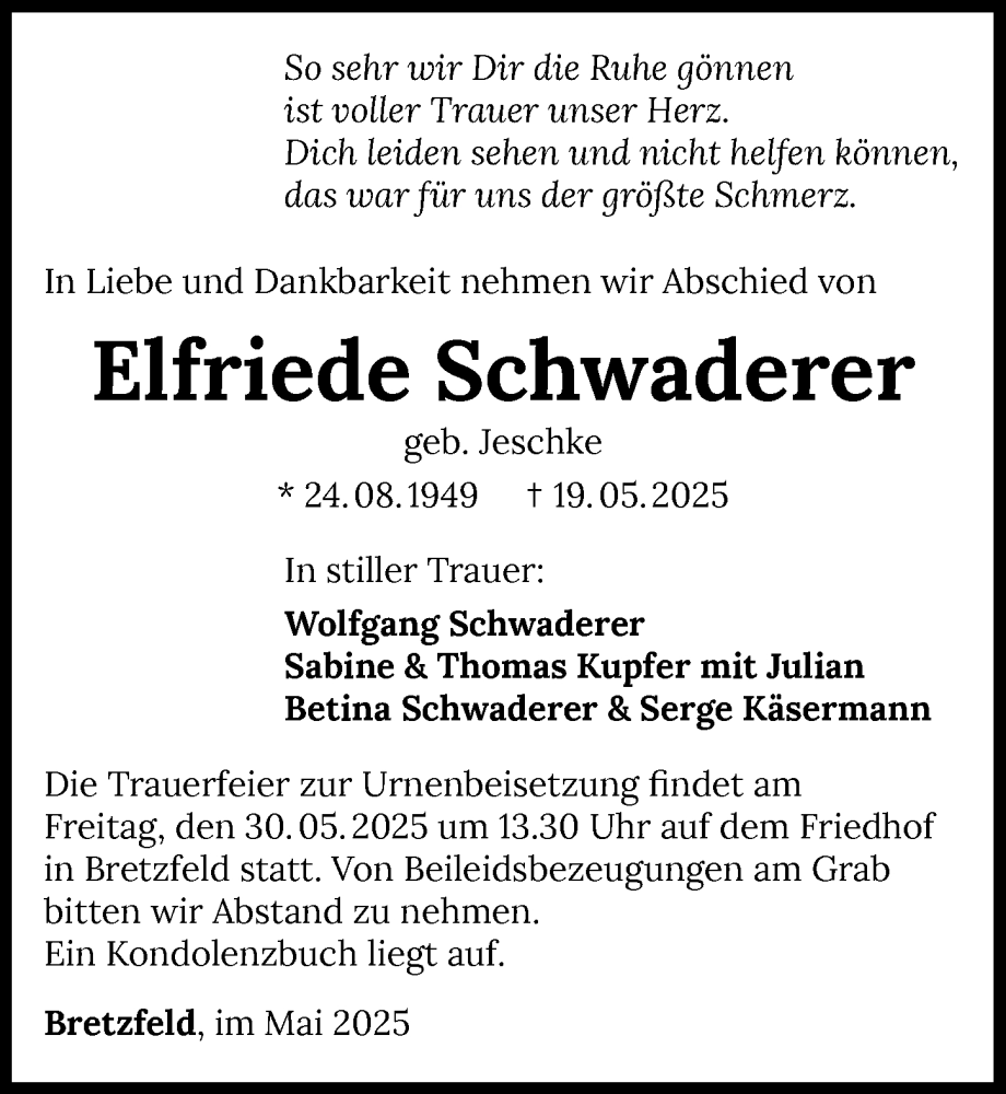 Traueranzeige für Elfriede Schwaderer vom 27.05.2025 aus GESAMT