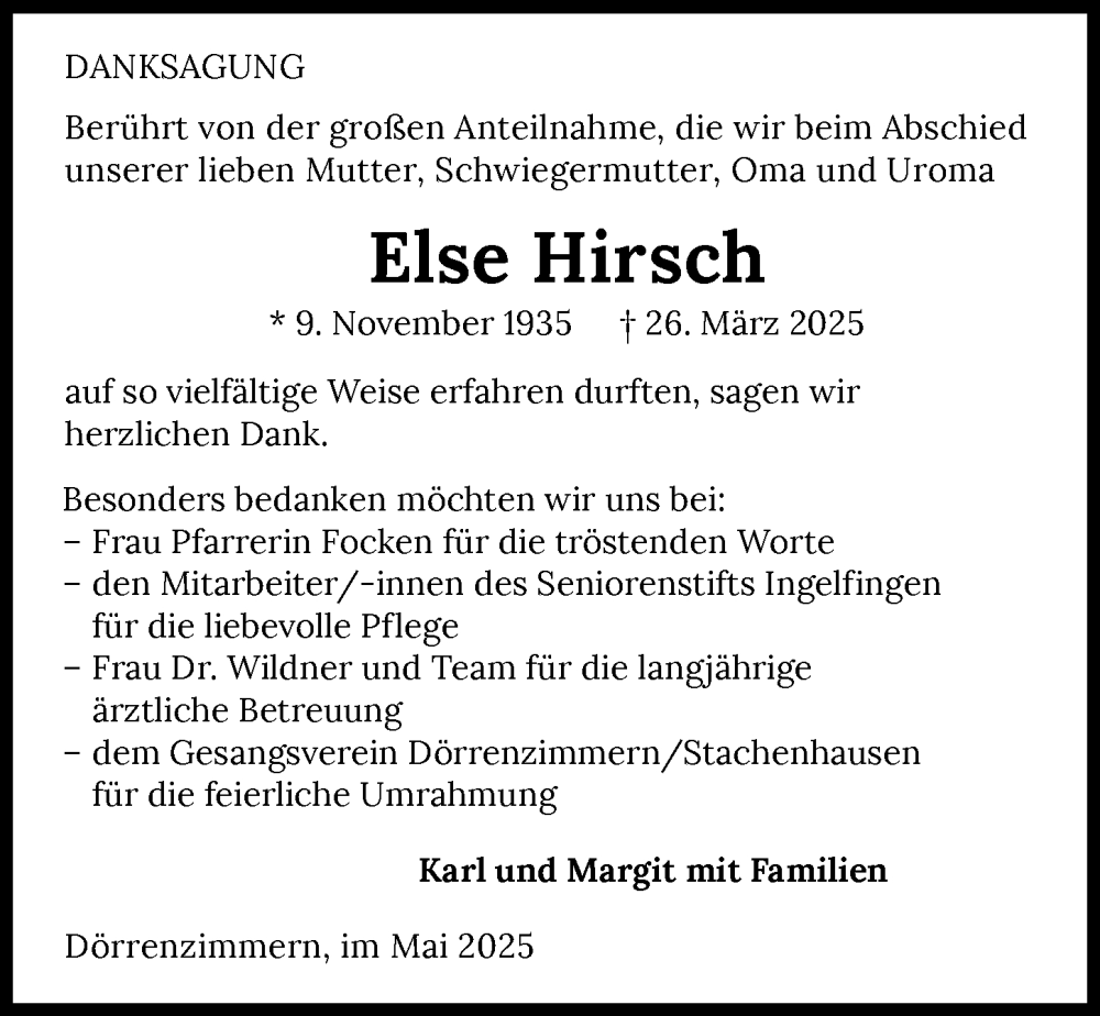  Traueranzeige für Else Hirsch vom 24.05.2025 aus GESAMT