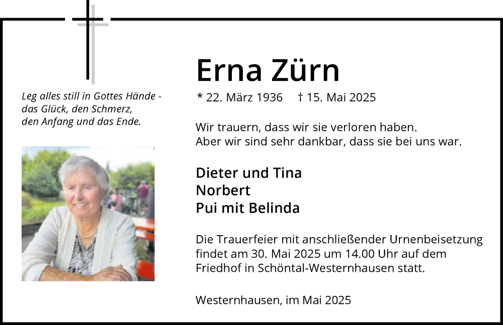  Traueranzeige für Erna Zürn vom 24.05.2025 aus GESAMT