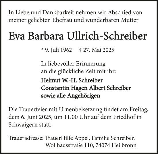 Traueranzeige von Eva Barbara Ullrich-Schreiber von GESAMT