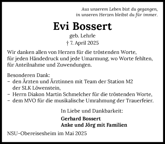 Traueranzeige von Evi Bossert von GESAMT
