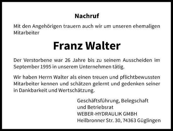 Traueranzeige von Franz Walter von GESAMT