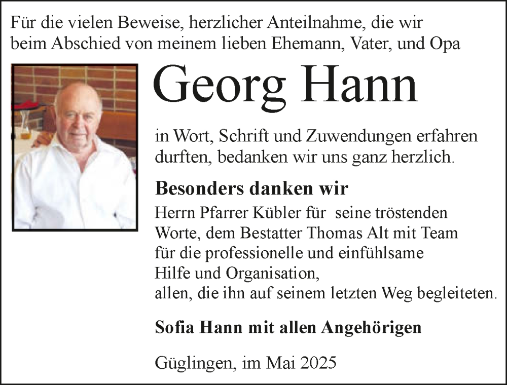  Traueranzeige für Georg Hann vom 31.05.2025 aus GESAMT