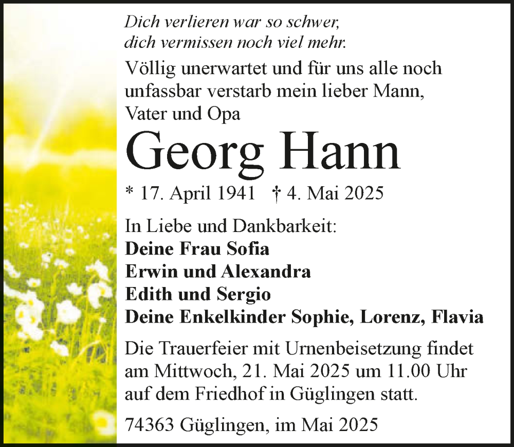  Traueranzeige für Georg Hann vom 17.05.2025 aus GESAMT