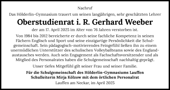 Traueranzeige von Gerhard Weeber von GESAMT