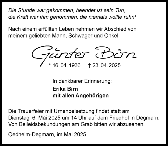 Traueranzeige von Günter Birn von GESAMT