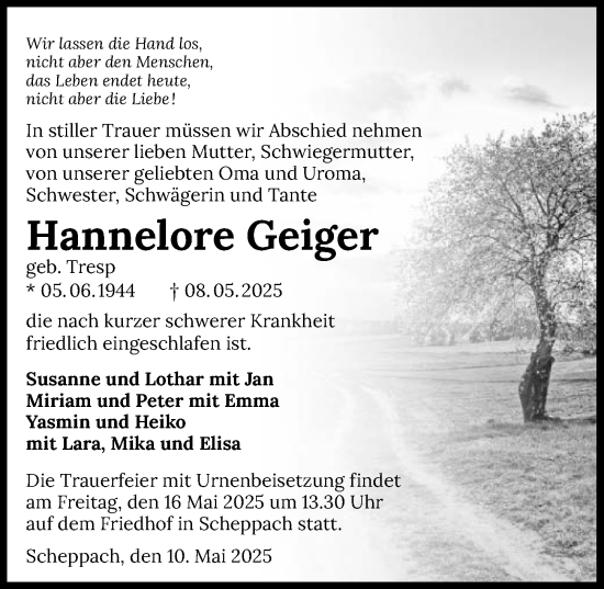 Traueranzeige von Hannelore Geiger von GESAMT