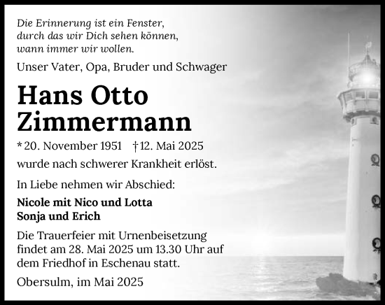 Traueranzeige von Hans Otto Zimmermann von GESAMT