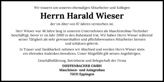 Traueranzeige von Harald Wieser von GESAMT