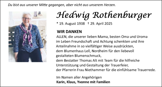 Traueranzeige von Hedwig Rothenburger von GESAMT