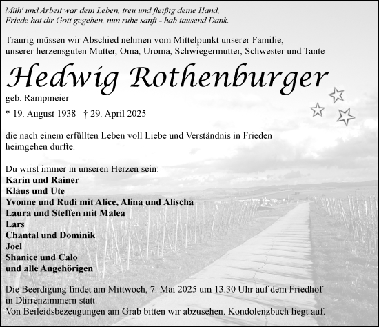 Traueranzeige von Hedwig Rothenburger von GESAMT