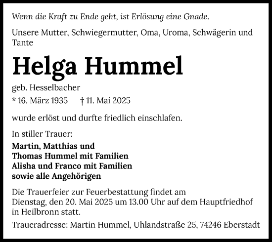Traueranzeige von Helga Hummel von GESAMT