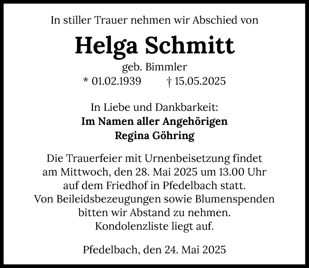  Traueranzeige für Helga Schmitt vom 24.05.2025 aus GESAMT