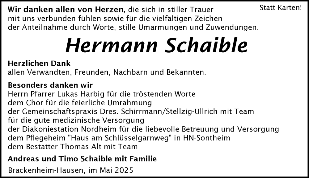  Traueranzeige für Hermann Schaible vom 31.05.2025 aus GESAMT