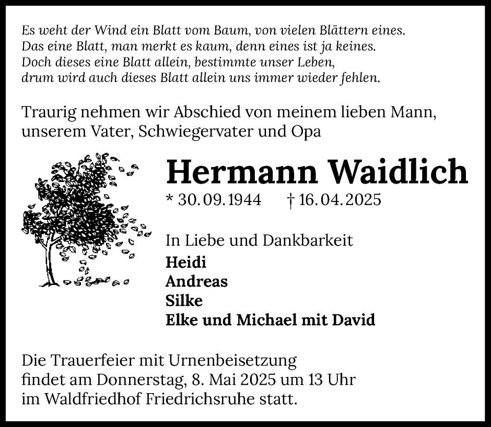  Traueranzeige für Hermann Waidlich vom 03.05.2025 aus GESAMT