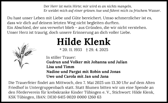 Traueranzeige von Hilde Klenk von GESAMT