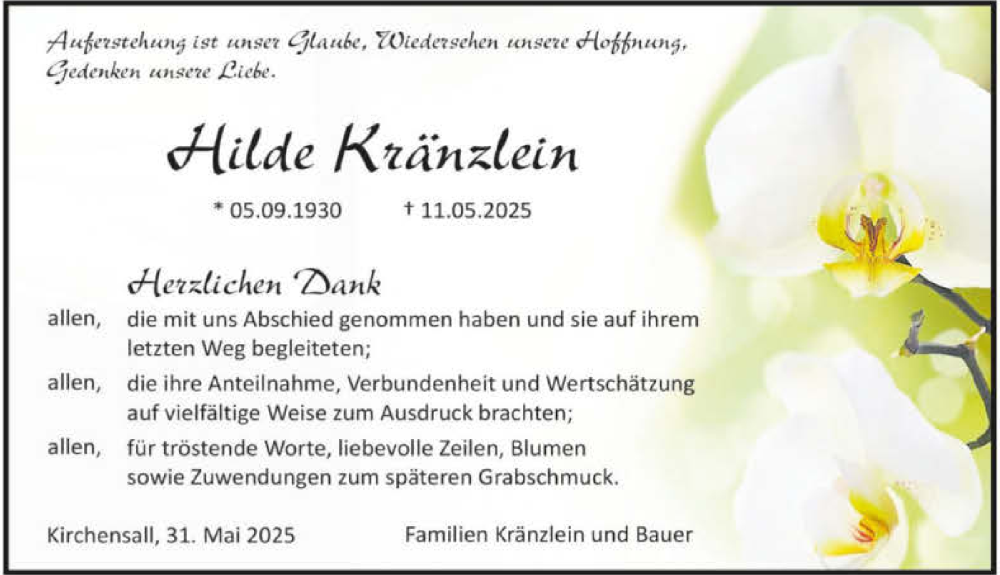  Traueranzeige für Hilde Kränzlein vom 31.05.2025 aus GESAMT