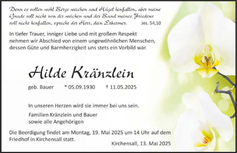  Traueranzeige für Hilde Kränzlein vom 13.05.2025 aus GESAMT
