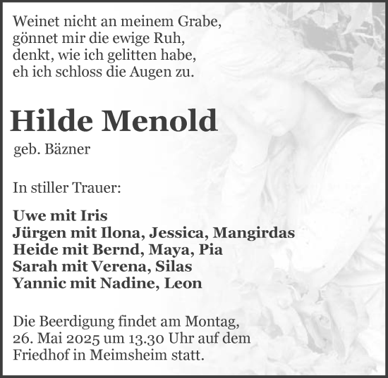 Traueranzeige von Hilde Menold von GESAMT